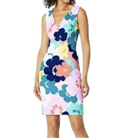 NEW TRINA TURK Blue and Pink V-Neck Sheath Midi Dress 6 - Picture 1 of 6